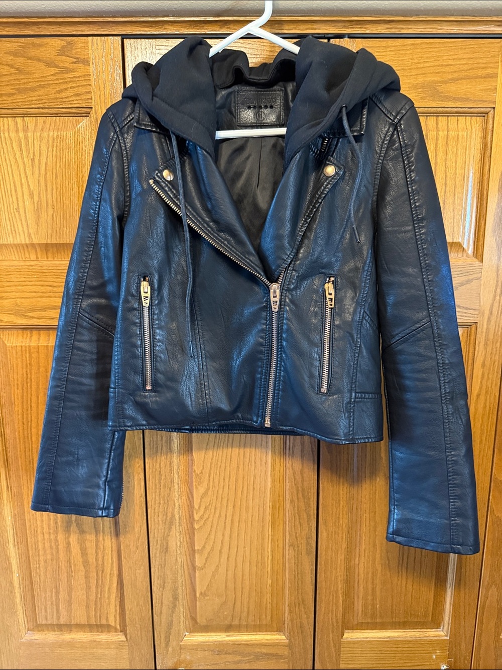 Blank NYC Black Faux Leather Hooded Moto Jacket-Removable Hood-Size: Small